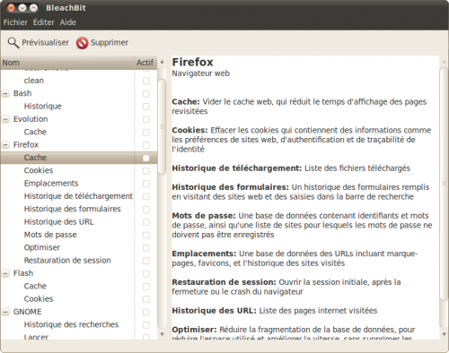 La fenenêtre de BleachBit sous Ubuntu 10.04 LTS