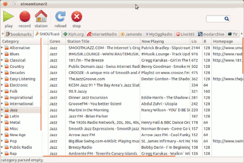 Capture d'écran de Streamtuner2 sous Ubuntu 11.10