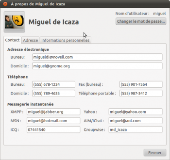 "À propos de moi" (Ubuntu, Xubuntu) affiche les informations d'identification d'un compte d'utilisateur.