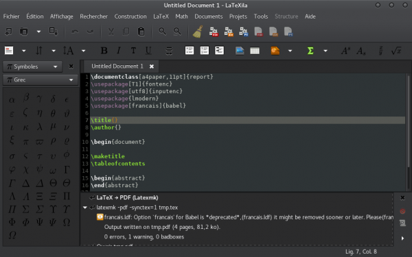 Interface par défaut de LaTeXila 3.22 au sein d'un environnement GNOME Shell