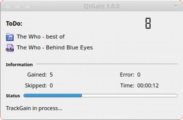 Fenêtre de QtGain en train de normaliser après un Drag&Drop de fichiers