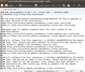 Un exemple de fichier "sources.list" original dans Ubuntu 14.04 LTS