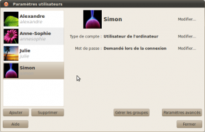 Interface principale : liste des comptes d'utilisateurs